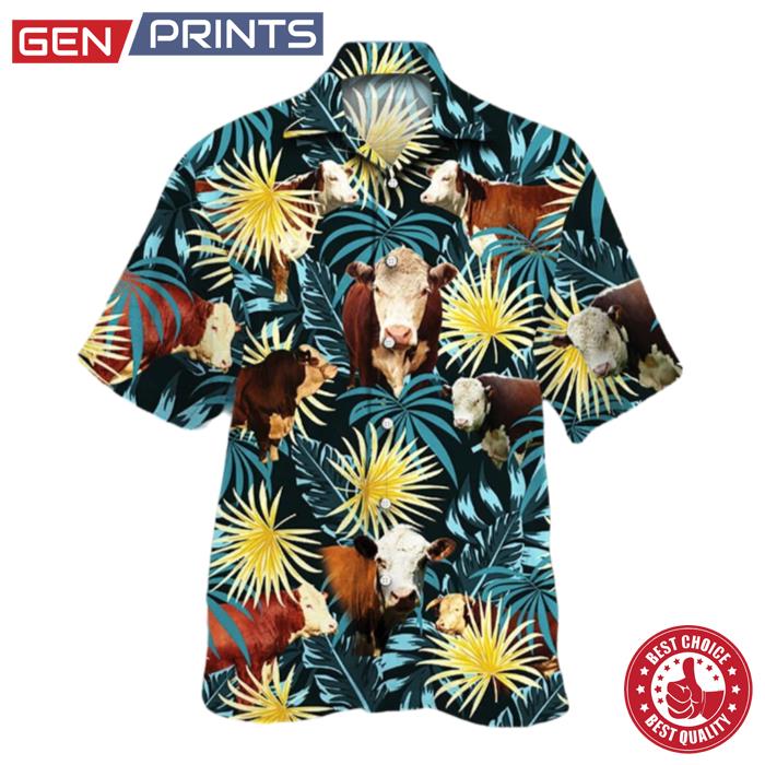 Hereford Cattle Lovers Blue And Yellow Plants Hawaiian Shirt